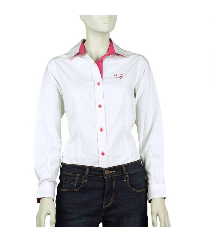 Camisa taurina entallada blanca y rosa para mujer - ToroRegalo.com